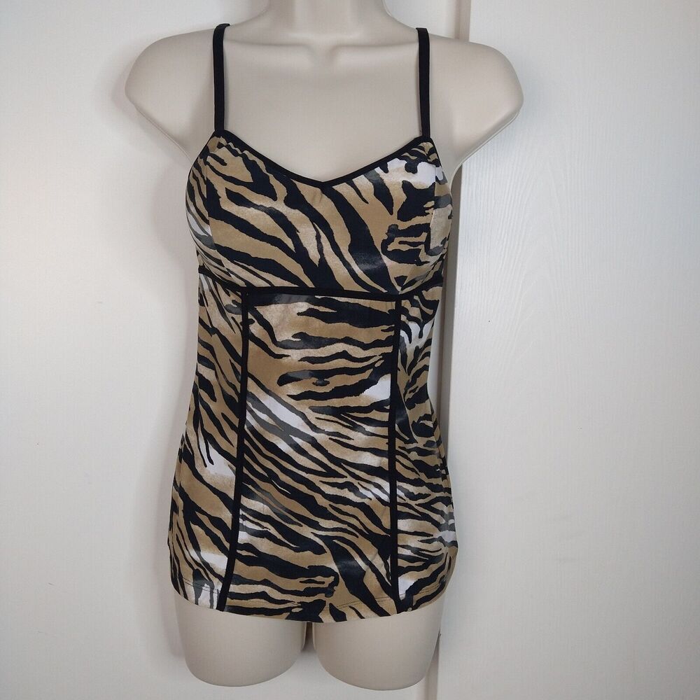 Cache Y2K Zebra VNeck Sleeveless Tank Top Blouse Womens Size S Black Brown